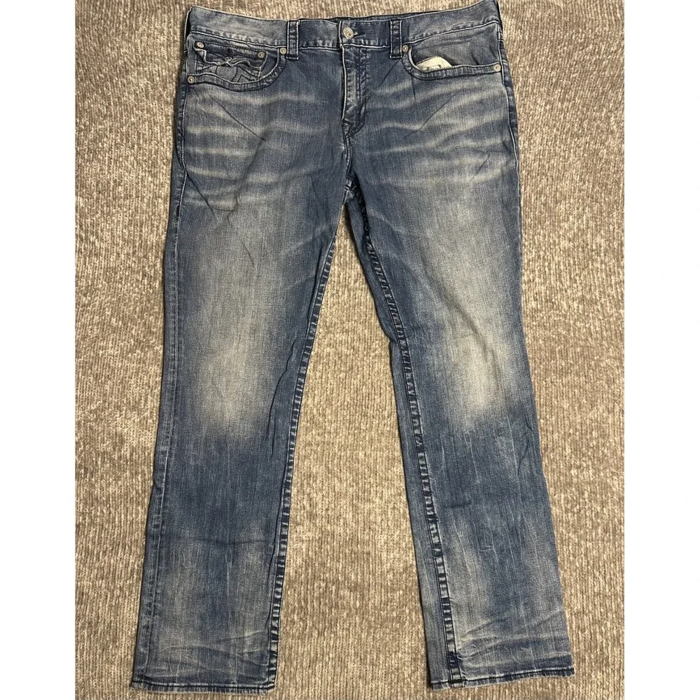 True Religion Ricky Relaxed Straight Jeans Mens Size 42 Blue Denim Flap